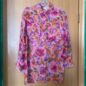 Peters & Ashley Floral Rose Pattern Sheer Button up Blouse